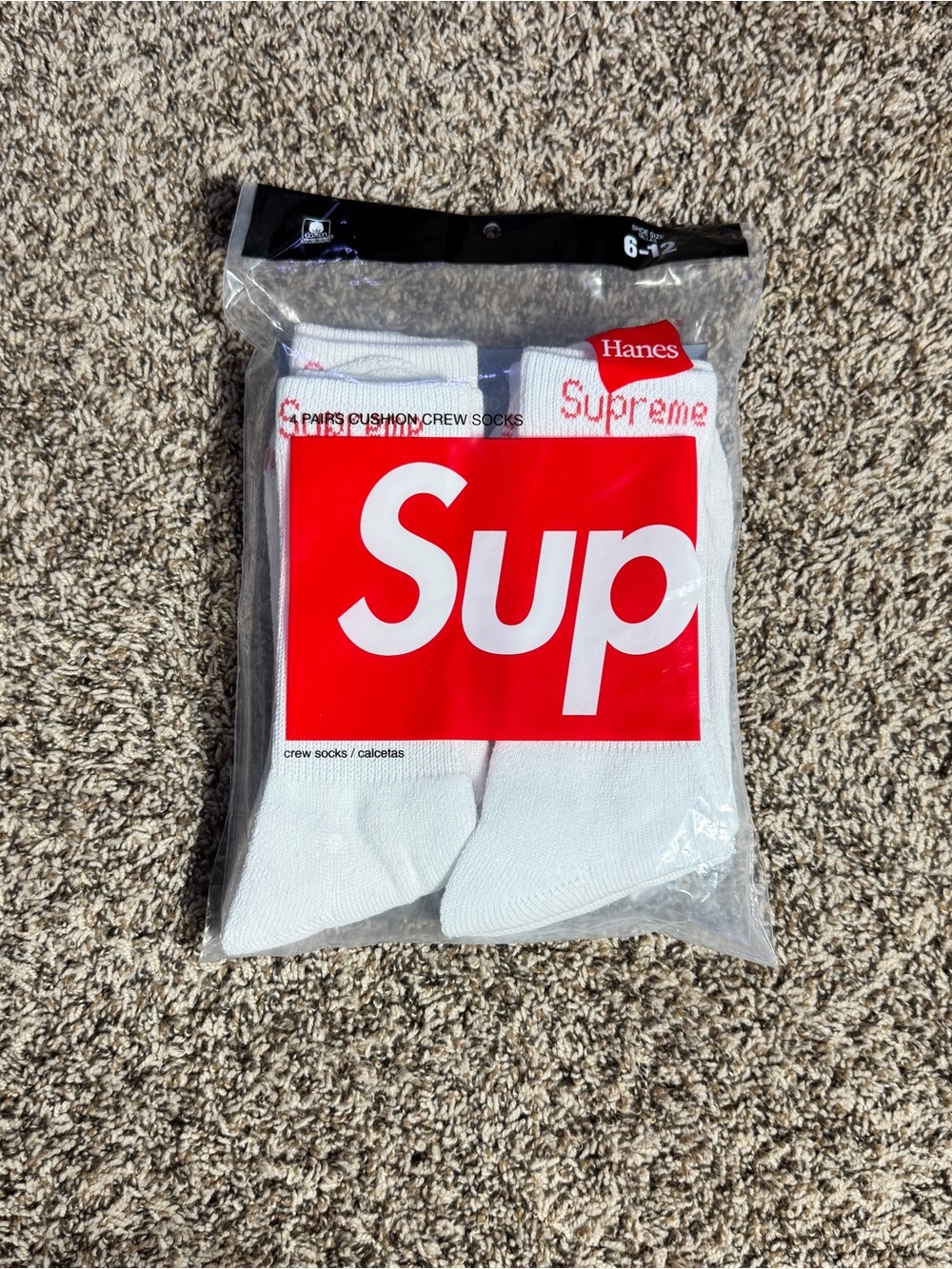 Hanes White Crew Socks with Red Supreme Logo